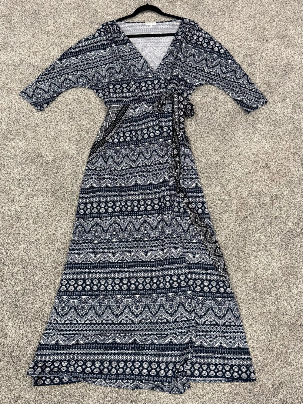 Kiyonna Made In USA Blue Black Printed Wrap Maxi Midi Dress Plus Size Women’s 1X